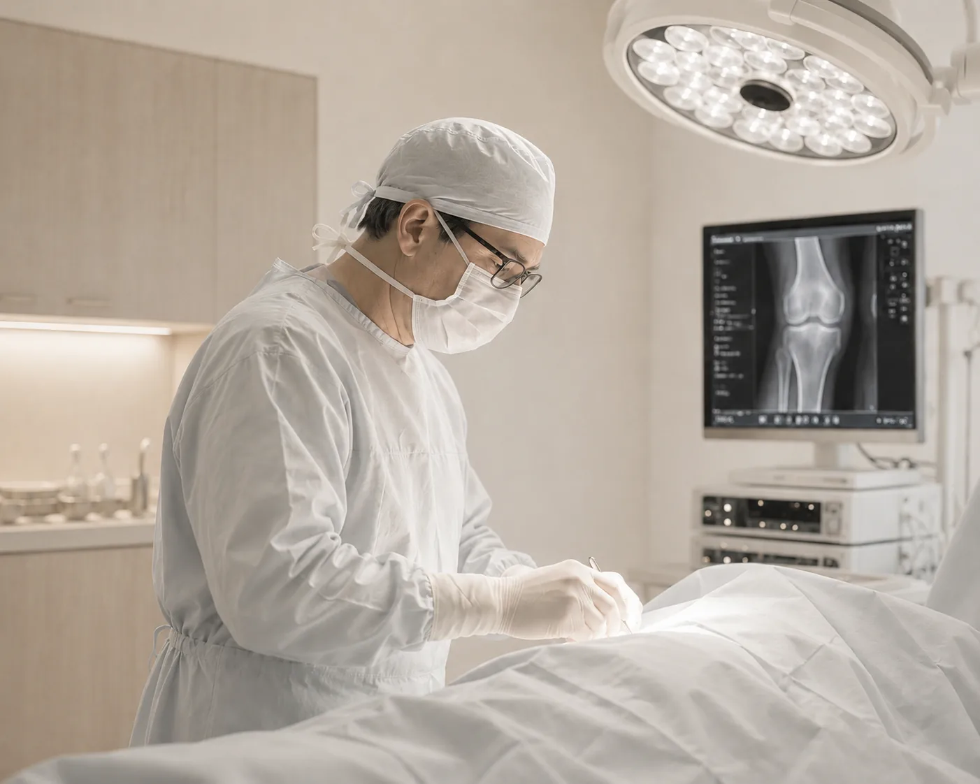 Orthopedic surgeon working in an operating room with clinical imaging visible.